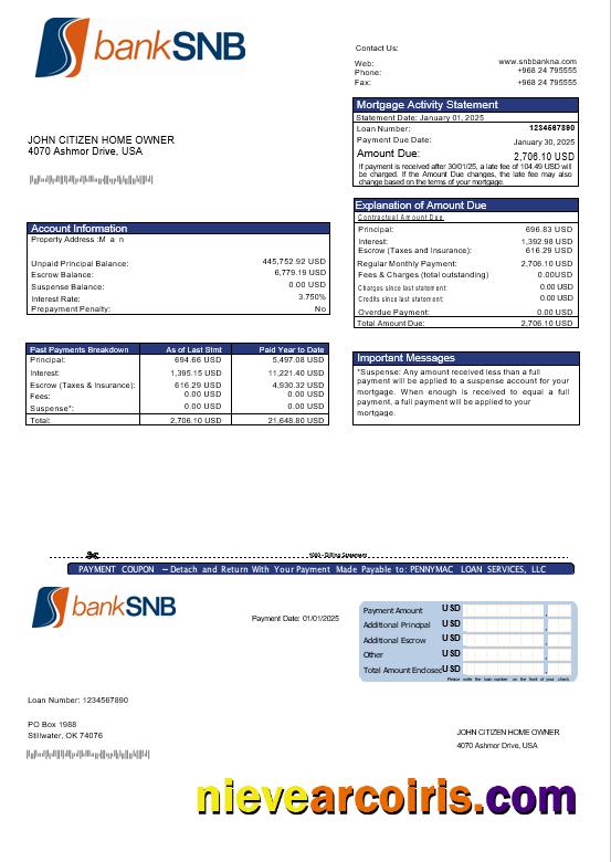 USA Oklahoma SNB bank mortgage statement